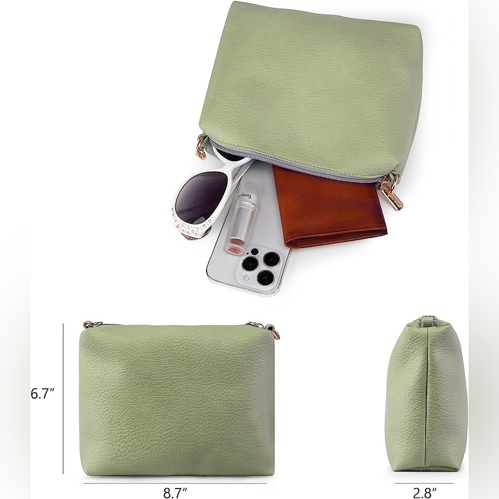 GREEN SUPER SOFT VEGAN LEATHER SHOULDER BAG AND COIN CLUTCH 2 PIECE SET - Picture 5 of 6